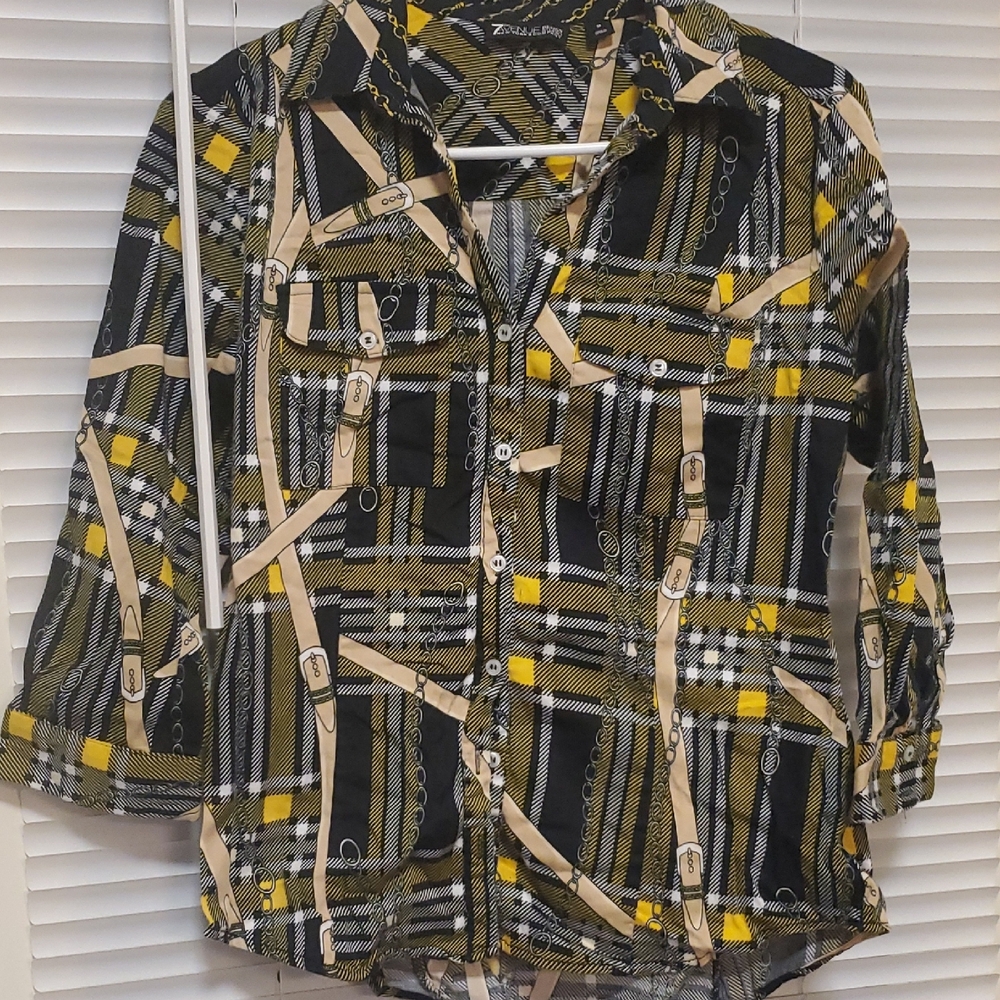 Plaid Button-Up Shirt with Chain Print